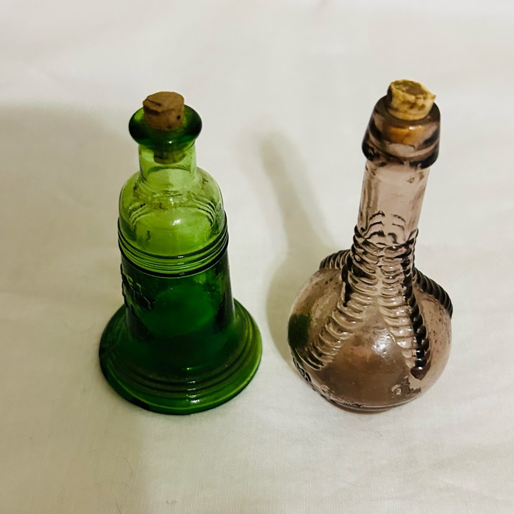 Two Vintage Wheaton Miniature Bitters Bottles-Ball And Claw- Liberty Bell-1970’s